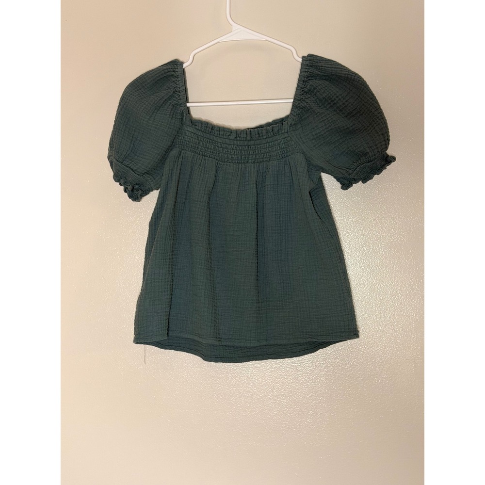 J. Crew Re-Imagined Girls Teal Cotton Double Gauze Smocked Puff Sleeve Top